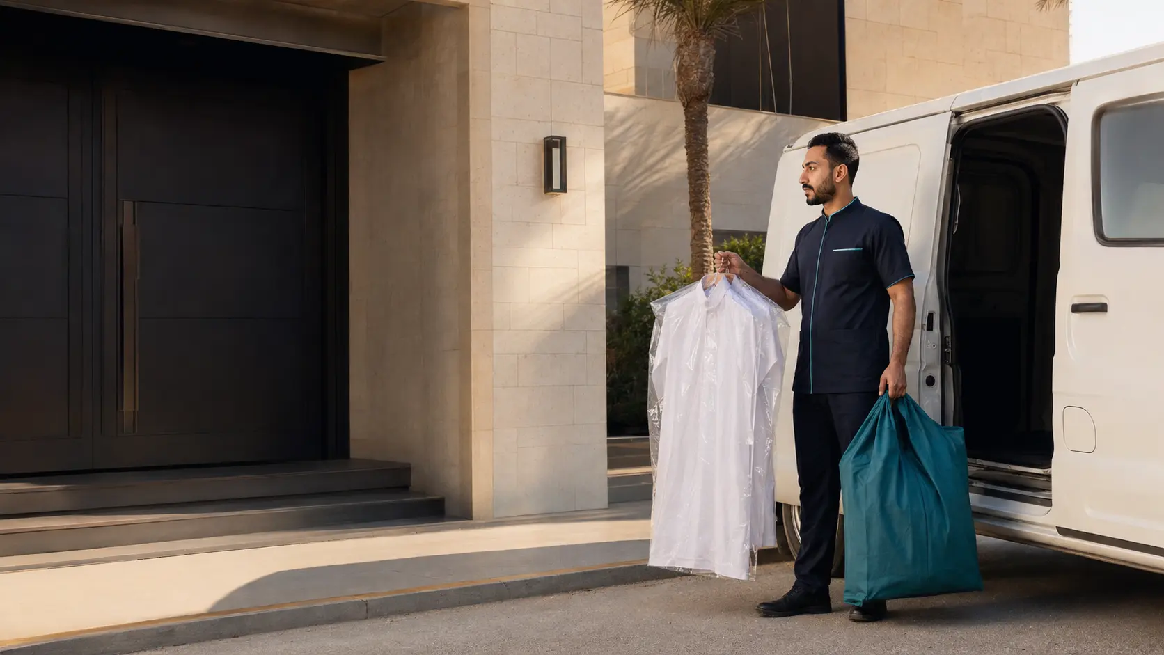 موظف استلام مغاسل يقف بجوار سيارة توصيل خارج منزل