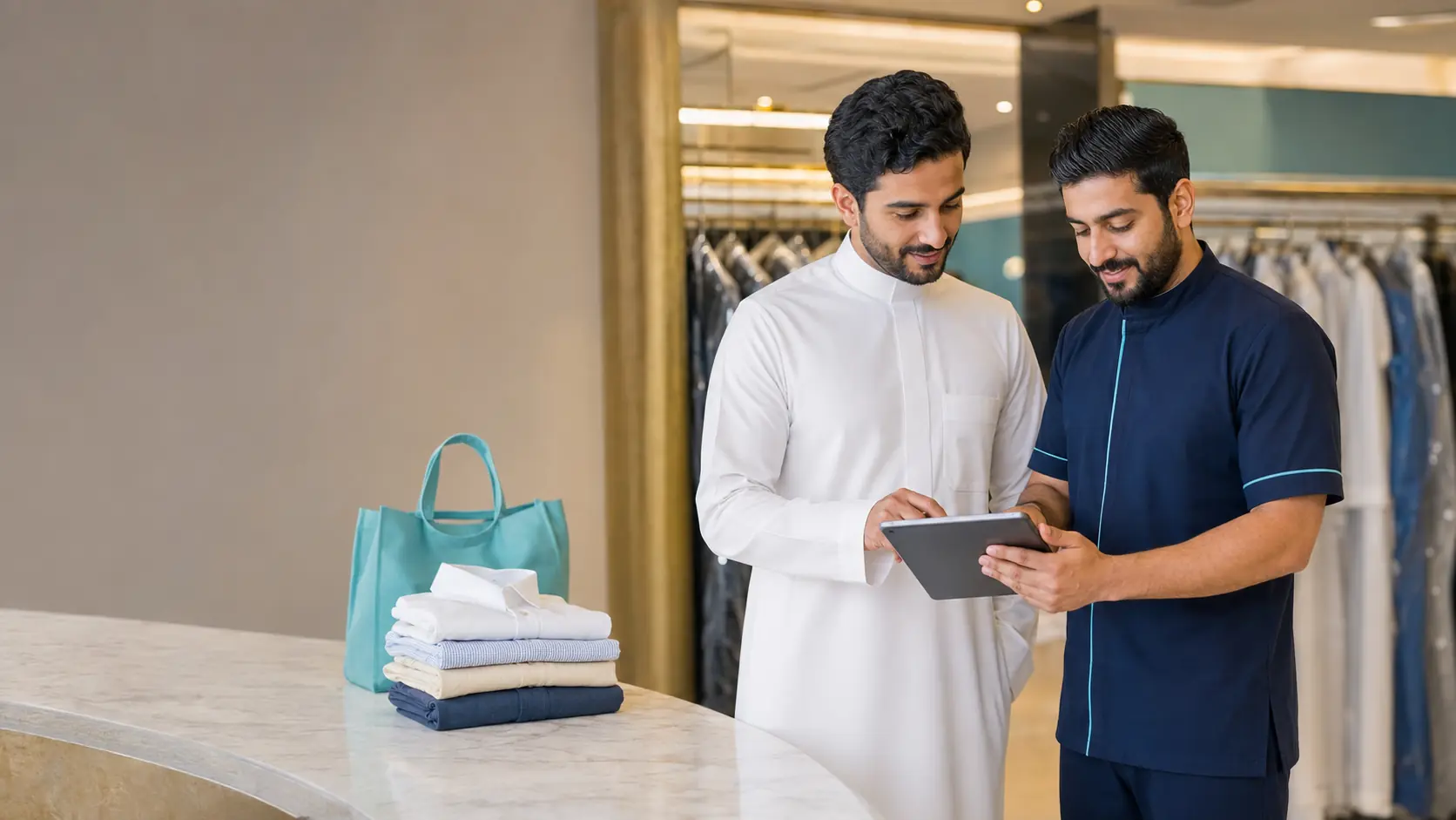 عميل يراجع تفاصيل طلب الغسيل والتسعيرة مع موظف الخدمة