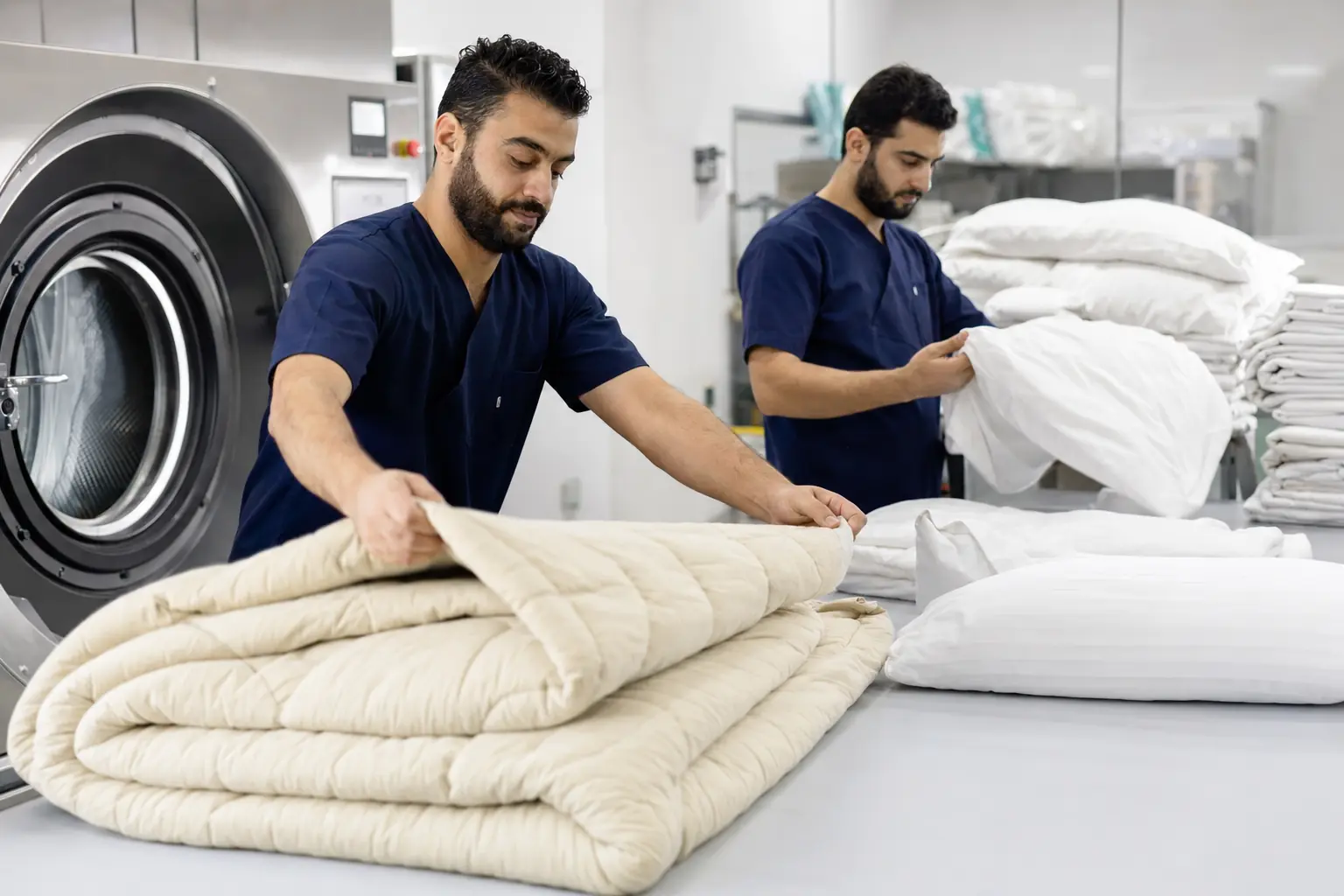 فريق يطوي البطانيات والمفارش بعد تنظيفها