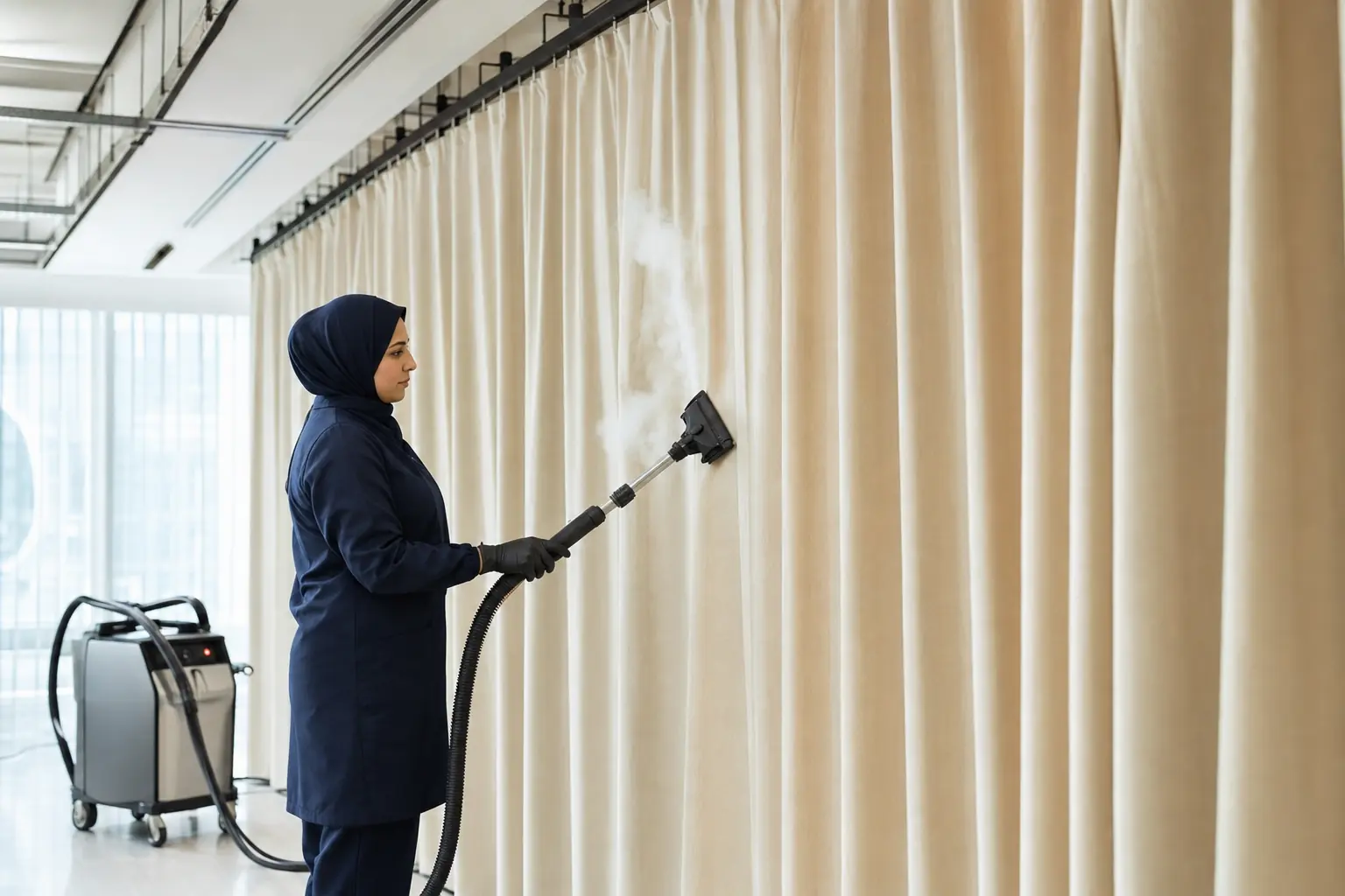 فنية تنظف ستائر طويلة بالبخار الاحترافي